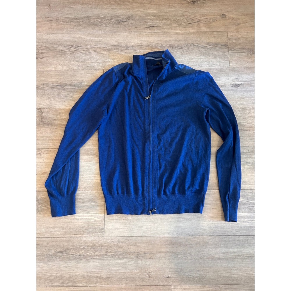 Banana Republic Mens Silk Blend Full Zip Sweater Blue Mock Neck Striped Detail M